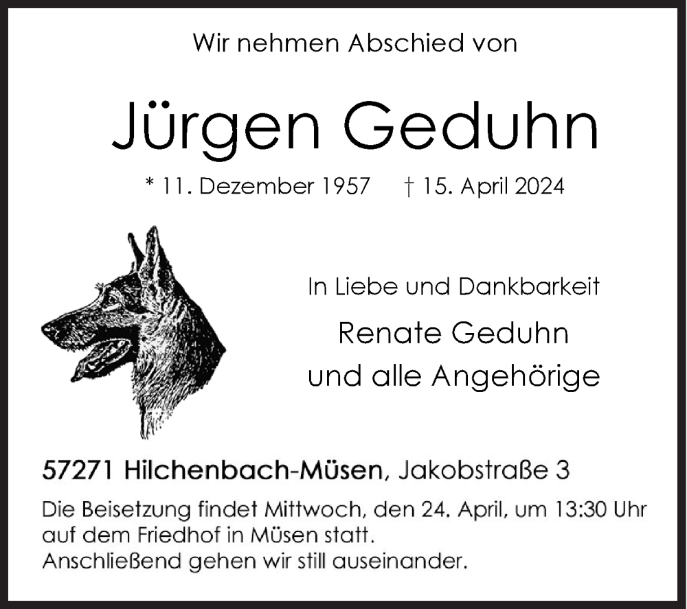  Traueranzeige für Jürgen Geduhn vom 17.04.2024 aus Siegener Zeitung