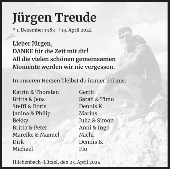 Traueranzeige von Jürgen Treude von Siegener Zeitung