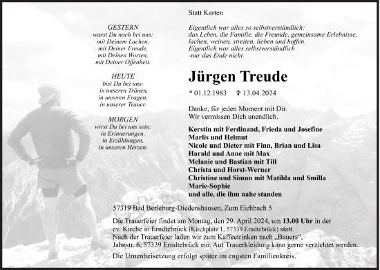 Traueranzeige von Jürgen Treude von Siegener Zeitung