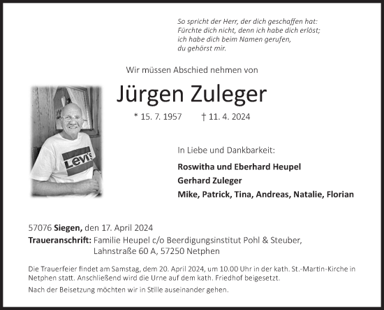 Traueranzeige von Jürgen Zuleger von Siegener Zeitung