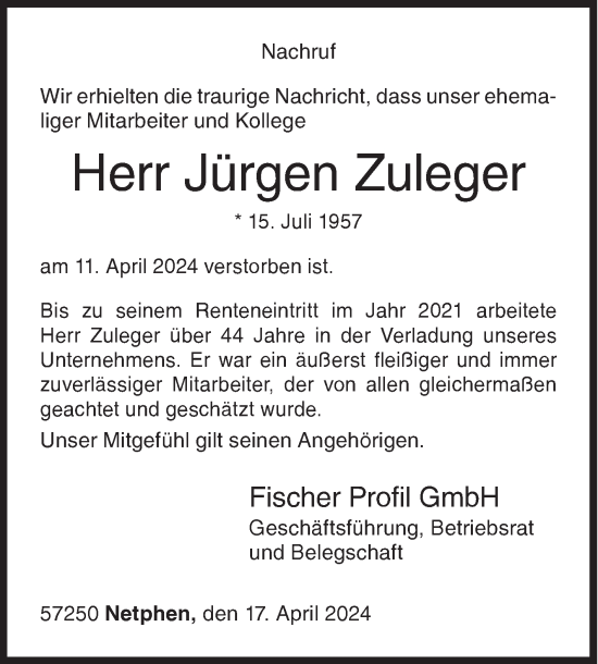 Traueranzeige von Jürgen Zuleger von Siegener Zeitung