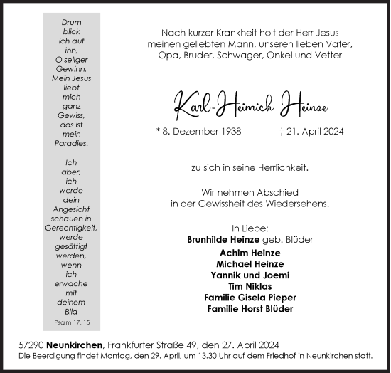 Traueranzeige von Karl-Heinrich Heinze von Siegener Zeitung