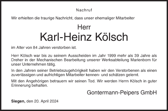 Traueranzeige von Karl-Heinz Kölsch von Siegener Zeitung