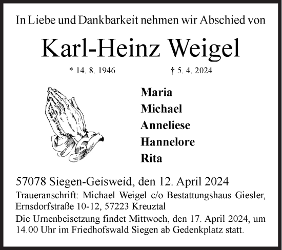 Traueranzeige von Karl-Heinz Weigel von Siegener Zeitung