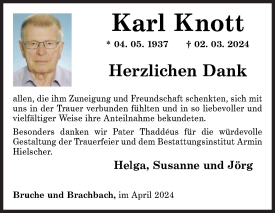 Traueranzeige von Karl Knott von Siegener Zeitung