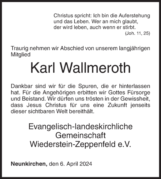 Traueranzeige von Karl Wallmeroth von Siegener Zeitung