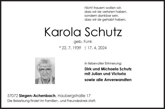 Traueranzeige von Karola Schutz von Siegener Zeitung