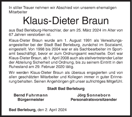 Traueranzeige von Klaus-Dieter Braun von Siegener Zeitung