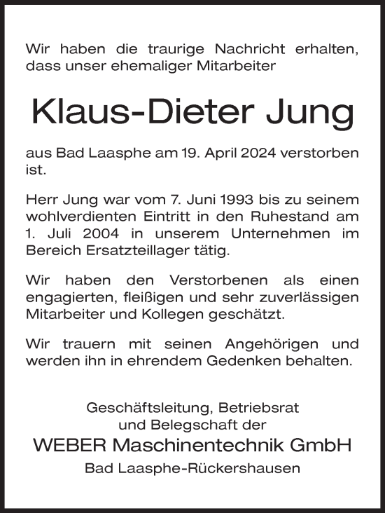 Traueranzeige von Klaus-Dieter Jung von Siegener Zeitung