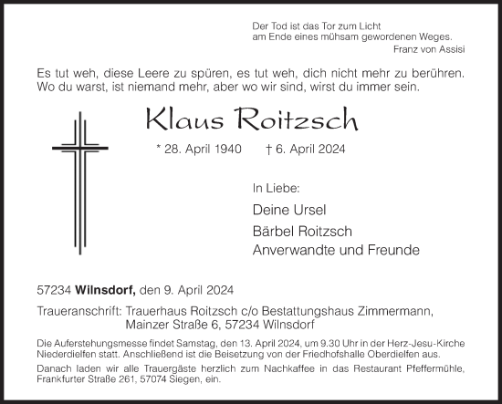 Traueranzeige von Klaus Roitzsch von Siegener Zeitung