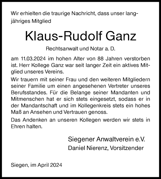 Traueranzeige von Klaus-Rudolf Ganz von Siegener Zeitung