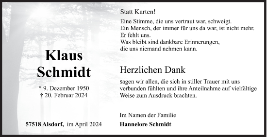 Traueranzeige von Klaus Schmidt von Siegener Zeitung