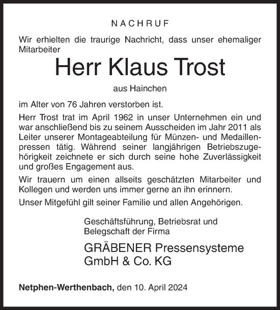 Traueranzeige von Klaus Trost von Siegener Zeitung