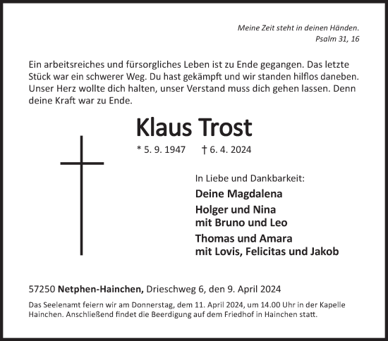 Traueranzeige von Klaus Trost von Siegener Zeitung