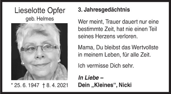 Traueranzeige von Lieselotte Opfer von Siegener Zeitung
