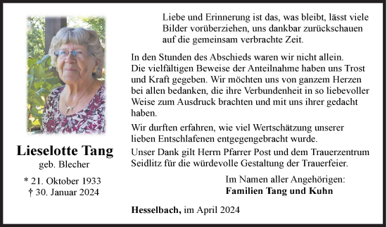 Traueranzeige von Lieselotte Tang von Siegener Zeitung