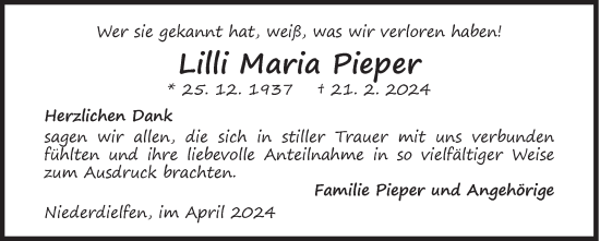 Traueranzeige von Lilli Maria Pieper von Siegener Zeitung