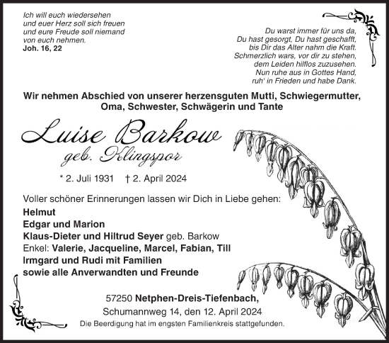 Traueranzeige von Luise Barkow von Siegener Zeitung