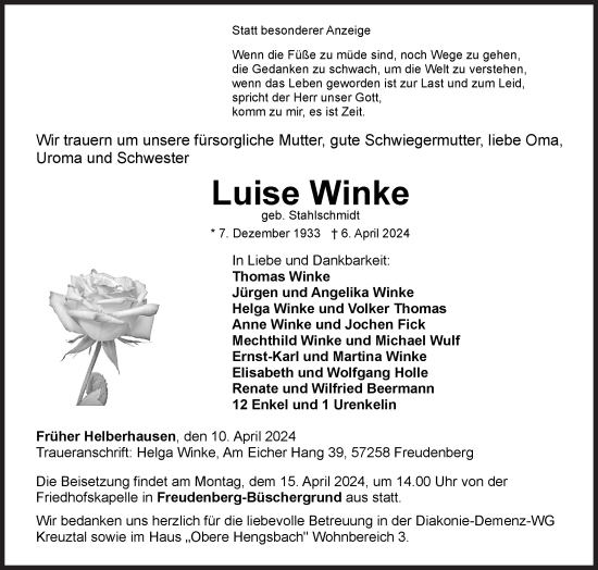 Traueranzeige von Luise Winke von Siegener Zeitung