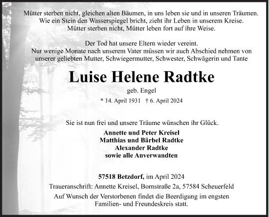 Traueranzeige von Luise Helene Radtke von Siegener Zeitung