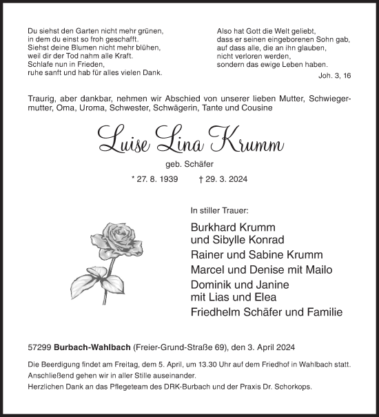 Traueranzeige von Luise Lina Krumm von Siegener Zeitung