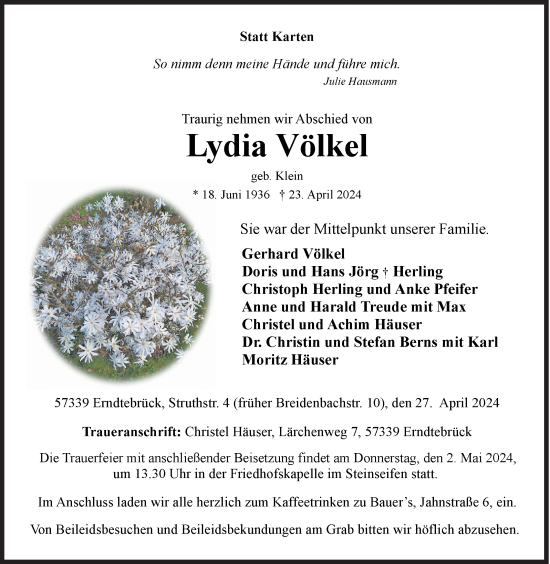 Traueranzeige von Lydia Völkel von Siegener Zeitung