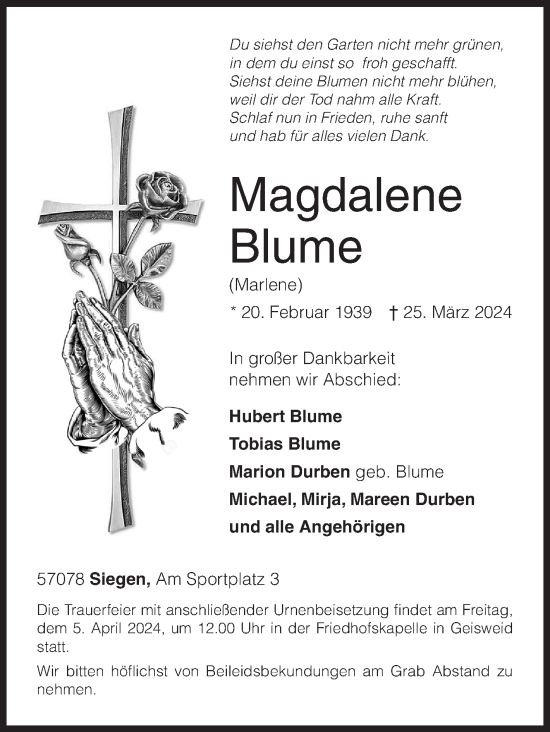 Traueranzeige von Magdalene Blume von Siegener Zeitung