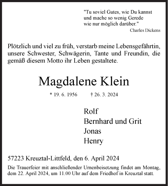 Traueranzeige von Magdalene Klein von Siegener Zeitung