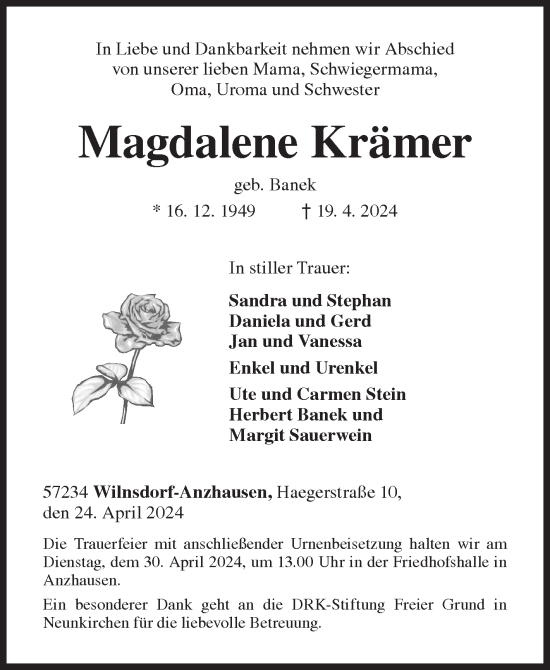 Traueranzeige von Magdalene Krämer von Siegener Zeitung