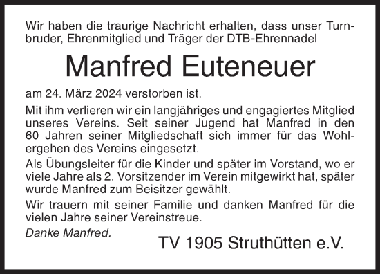 Traueranzeige von Manfred Euteneuer von Siegener Zeitung