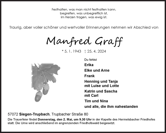 Traueranzeige von Manfred Graff von Siegener Zeitung