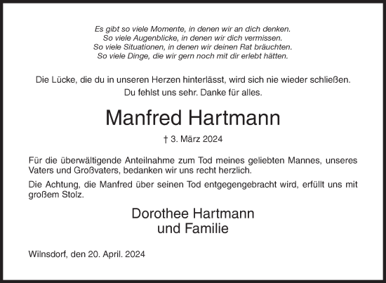 Traueranzeige von Manfred Hartmann von Siegener Zeitung