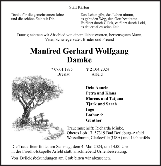 Traueranzeige von Manfred Gerhard Wolfgang Damke von Siegener Zeitung