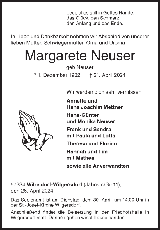 Traueranzeige von Margarete Neuser von Siegener Zeitung