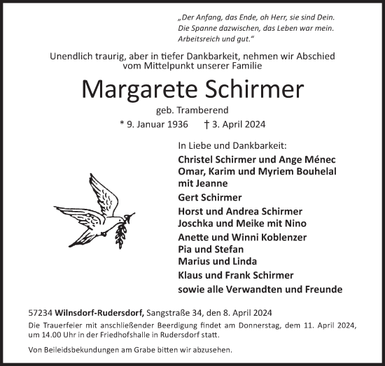 Traueranzeige von Margarete Schirmer von Siegener Zeitung