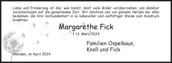 Traueranzeige von Margarethe Fick von Siegener Zeitung