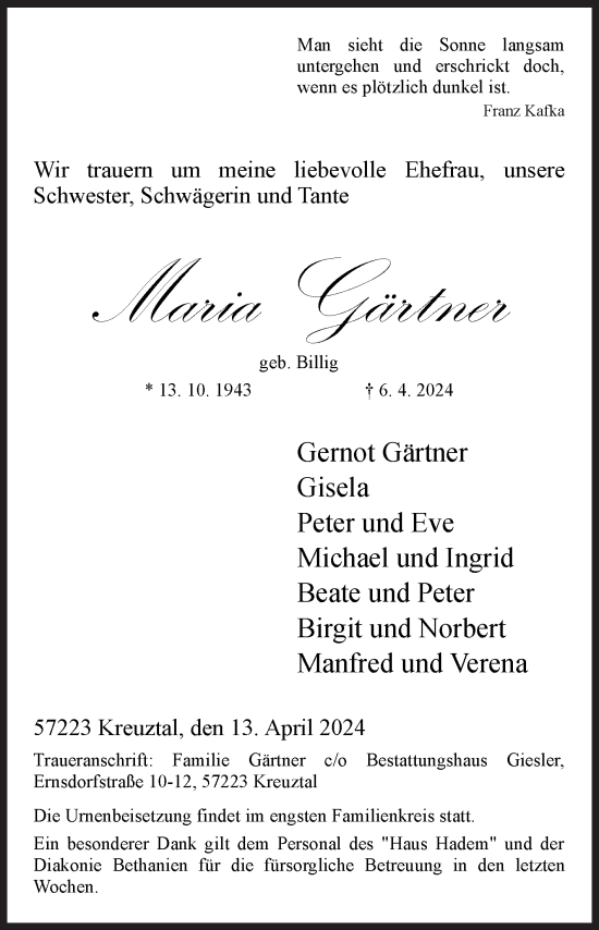 Traueranzeige von Maria Gärtner von Siegener Zeitung