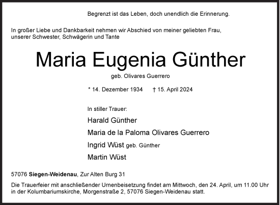 Traueranzeige von Maria Eugenia Günther von Siegener Zeitung