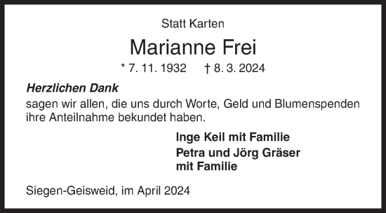 Traueranzeige von Marianne Frei von Siegener Zeitung