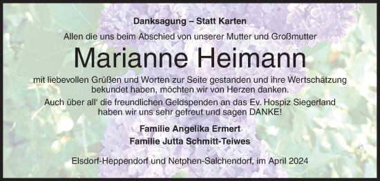 Traueranzeige von Marianne Heimann von Siegener Zeitung