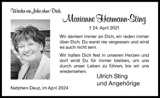 Traueranzeige von Marianne Hermann-Sting von Siegener Zeitung