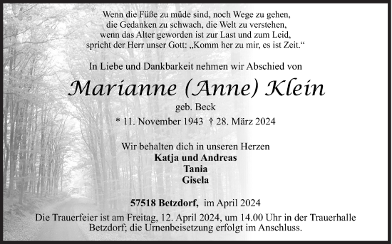 Traueranzeige von Marianne Klein von Siegener Zeitung