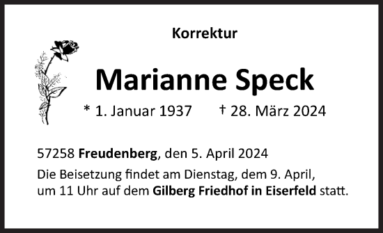 Traueranzeige von Marianne Speck von Siegener Zeitung