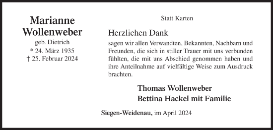Traueranzeige von Marianne Wollenweber von Siegener Zeitung