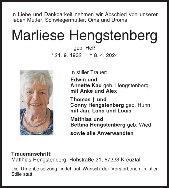 Traueranzeige von Marliese Hengstenberg von Siegener Zeitung