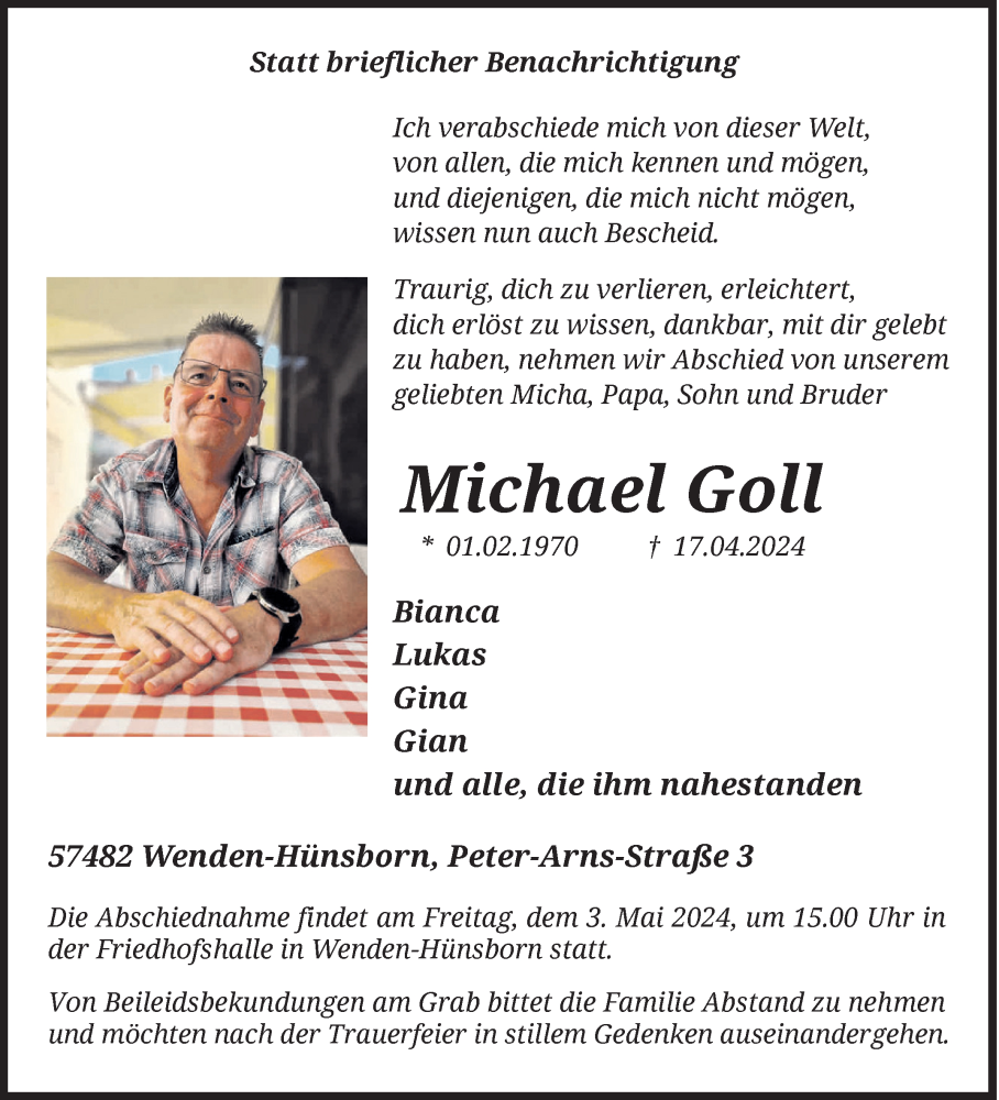  Traueranzeige für Michael Goll vom 25.04.2024 aus Siegener Zeitung