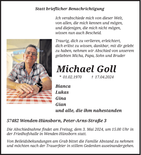 Traueranzeige von Michael Goll von Siegener Zeitung