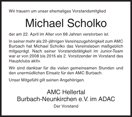 Traueranzeige von Michael Scholko von Siegener Zeitung