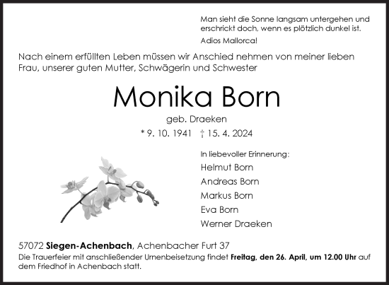 Traueranzeige von Monika Born von Siegener Zeitung