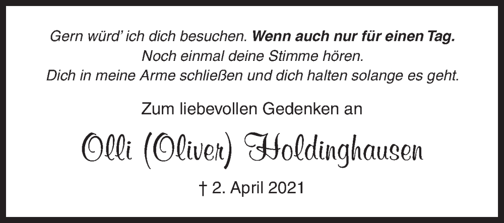  Traueranzeige für Oliver Holdinghausen vom 02.04.2024 aus Siegener Zeitung
